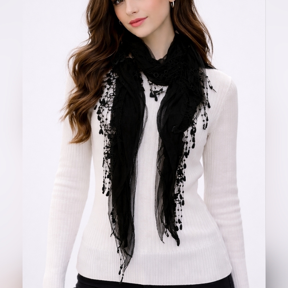 Black Witchy Fairycore Goth Chiffon Tulle Lace Fringe Scarf